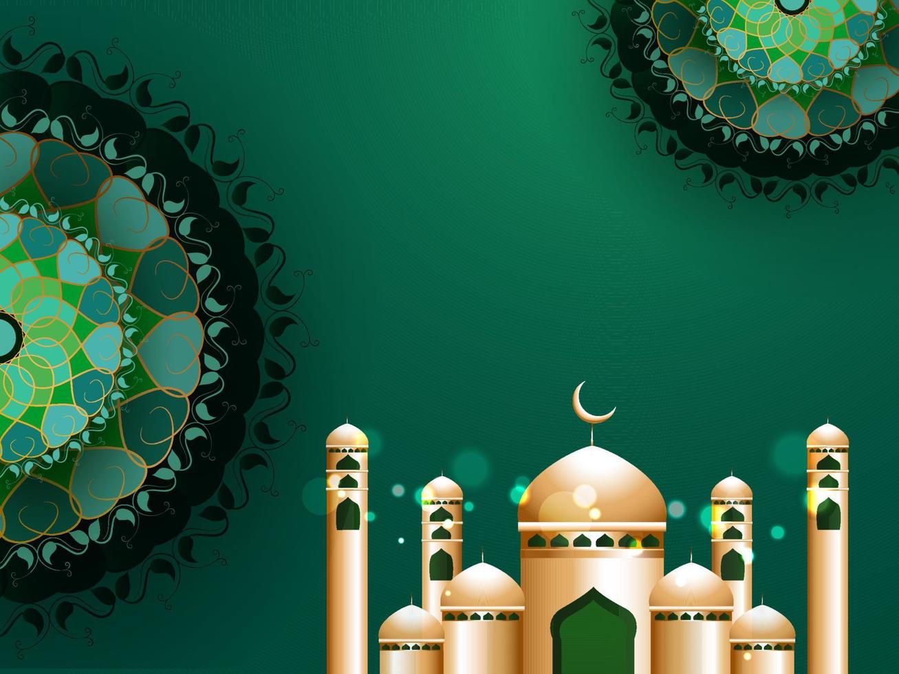 Golden mosque and floral pattern on green background. Islamic holy month Ramdan Kareem or festival Eid Mubarak concept. vector