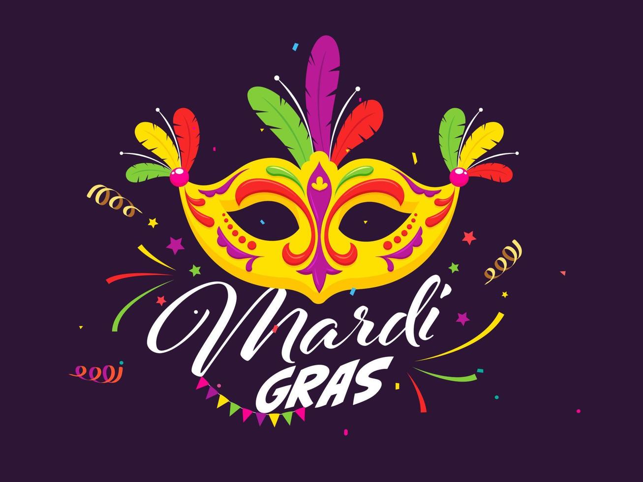 Mardi Gras Celebration Poster Design with Colorful Party Mask and Confetti Decorated on Purple Background. vector