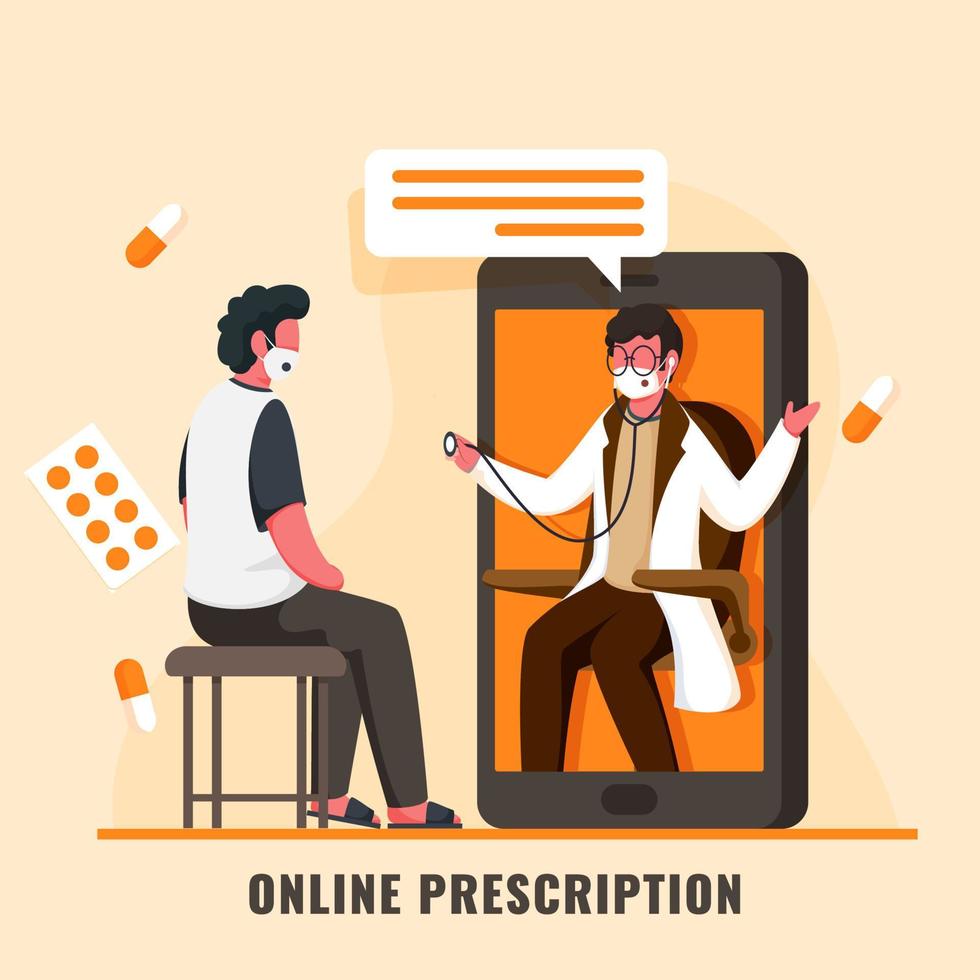 Patient Having Online Checkup From Doctor Man In Smartphone With Medicines On Light Orange Background. vector