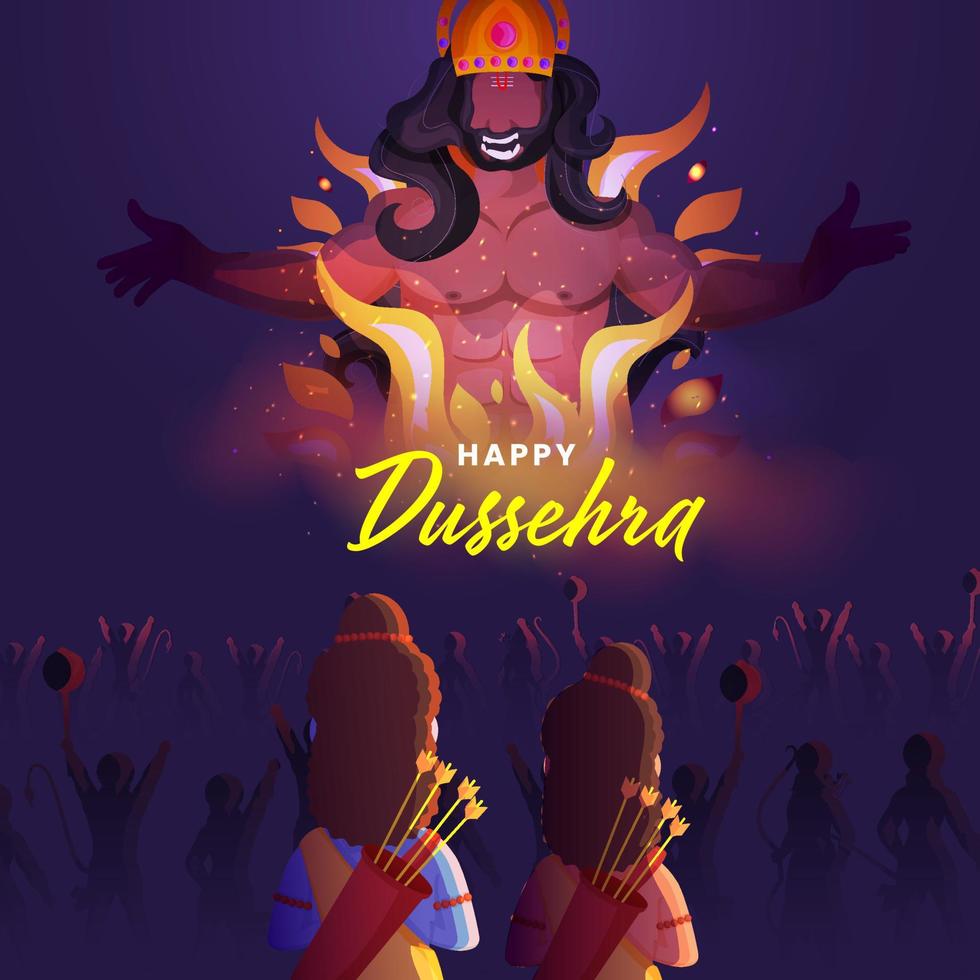 hindú mitología rama delicado demonio ravana con laxman, Hanuman y otro luchadores en púrpura antecedentes para contento dussehra. vector