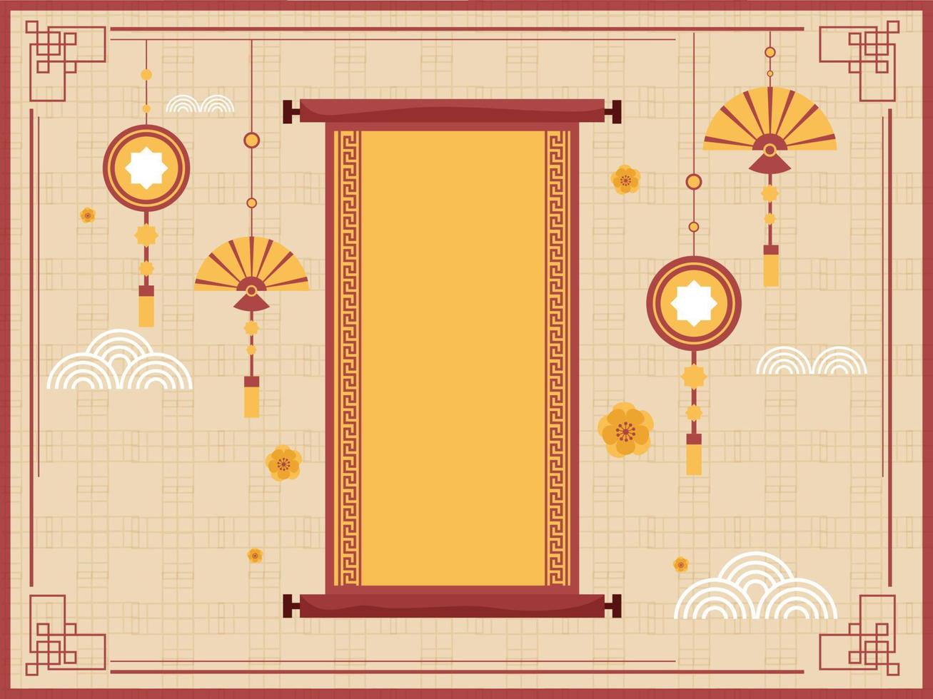 Empty Scroll Paper With Hanging Chinese Ornaments Decorated Beige Geometric Pattern Background. vector