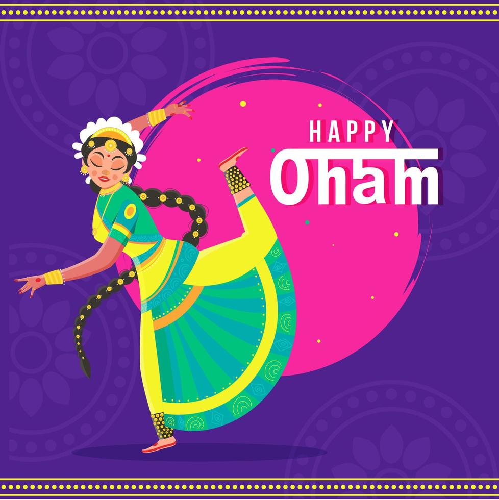 Beautiful Young Girl doing Classical Dance and Pink Brush Stroke Round Shape on Purple Floral Pattern Background for Happy Onam Celebration. vector
