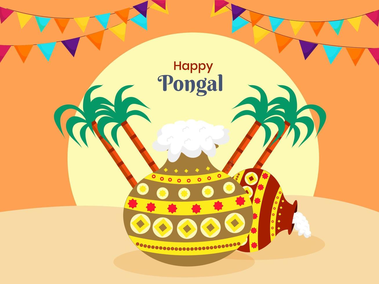 Pongali Rice In Mud Pots With Sugarcane And Bunting Flag On Sun Orange Background For Happy Pongal Celebration. vector