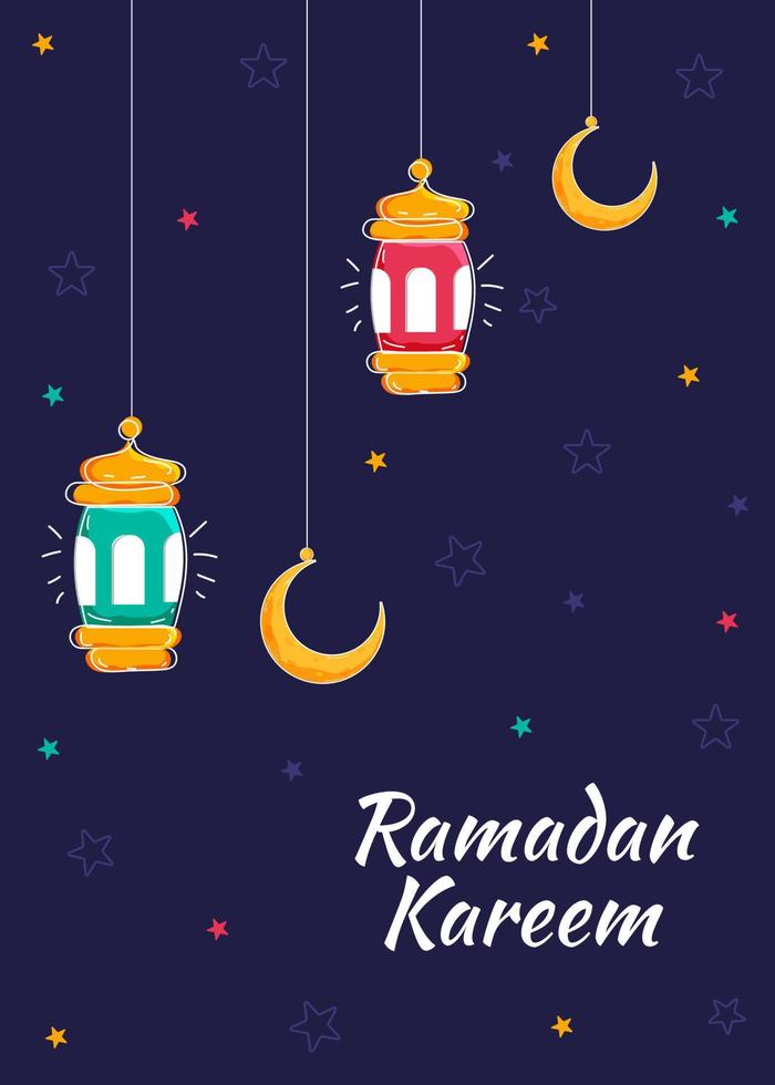 Ramadan Kareem Font with Hanging Crescent Moon and Lanterns Decorated on Stars Blue Background. vector