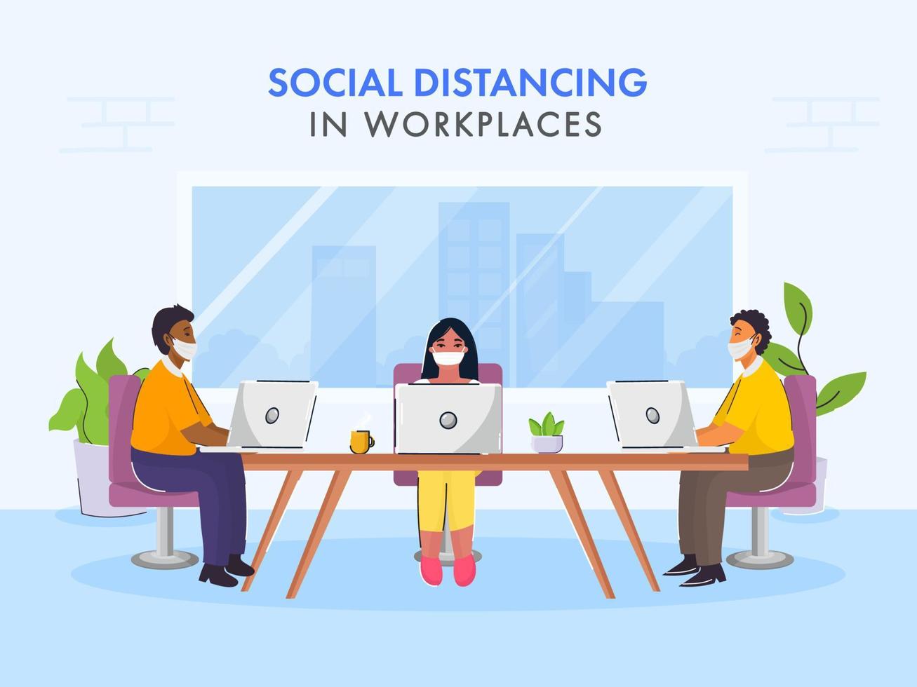 oficina empleados mantener social distancia durante trabajando juntos en lugar de trabajo a evitar desde coronavirus, COVID-19. vector