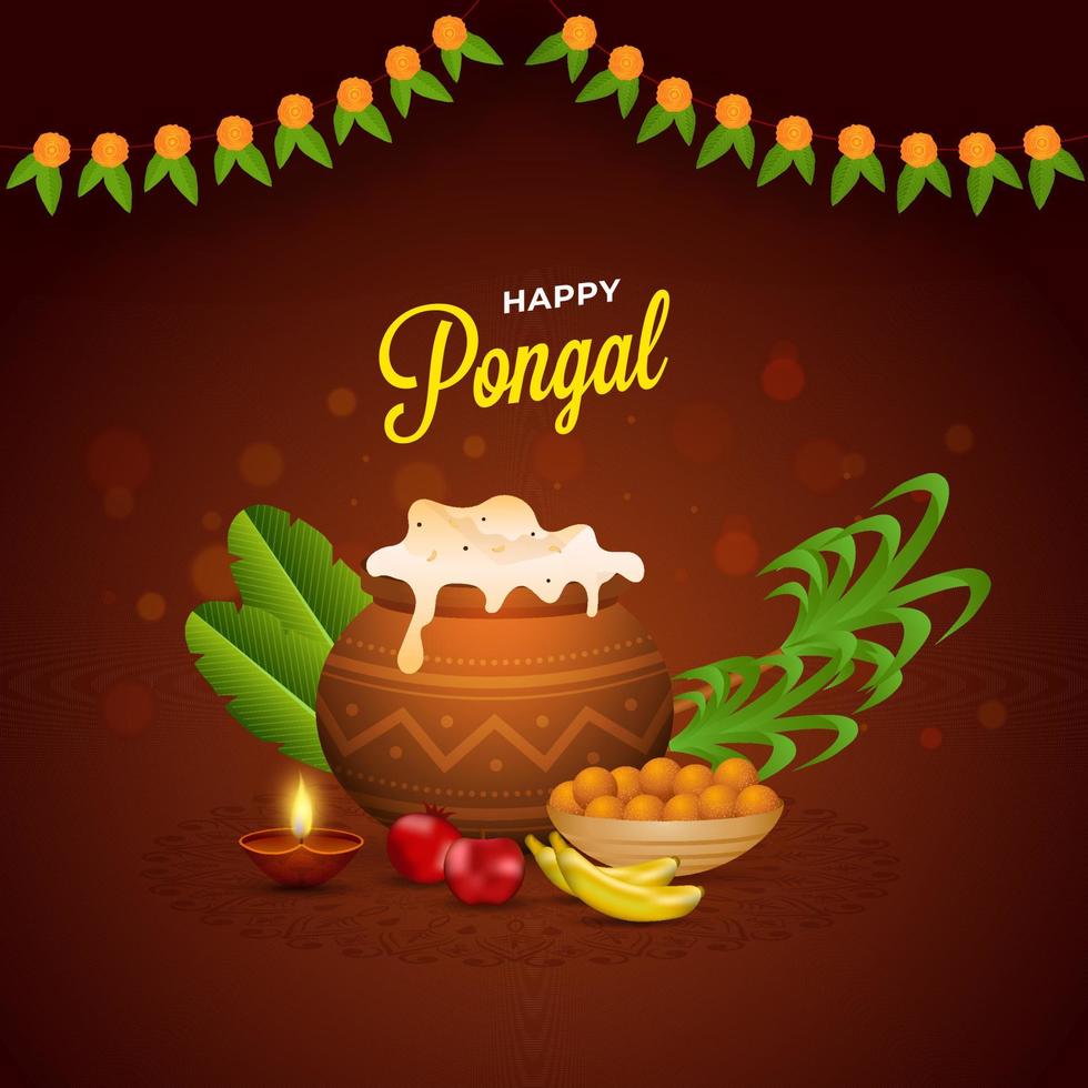 Happy Pongal Concept With Traditional Dish In Mud Pot, Fruit, Laddu Bowl, Sugarcane, Banana Leaves And Toran On Brown Background. vector