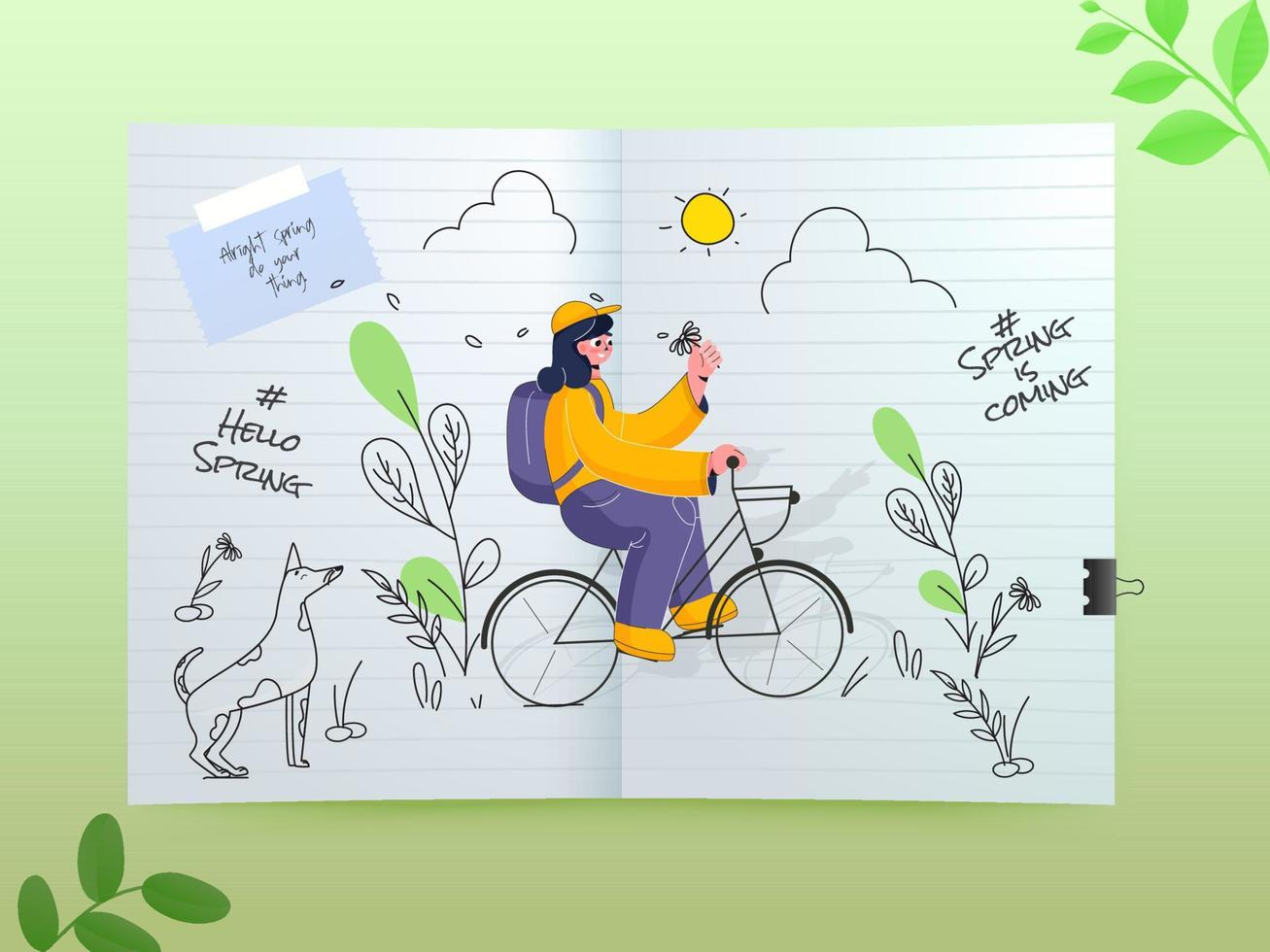 joven niña montando un bicicleta con notas y Dom naturaleza ver en creativo diario en verde antecedentes. vector