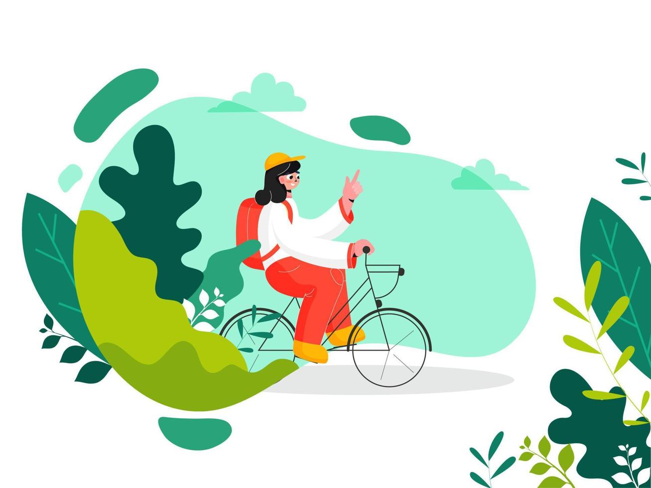 Young Girl Riding on Bicycle with a Backpack and Green Leaves Decorated White Background. vector