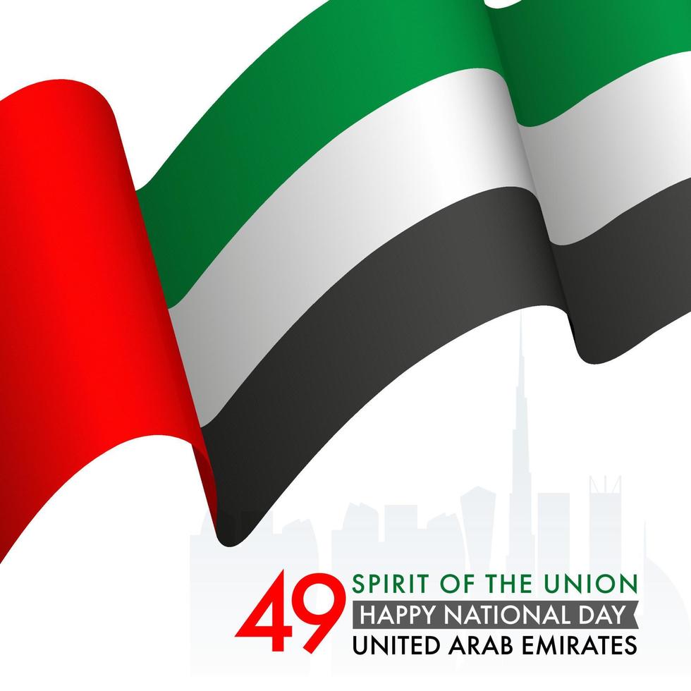 49 espíritu de el Unión contento nacional día póster diseño con ondulado uae bandera en blanco antecedentes. vector