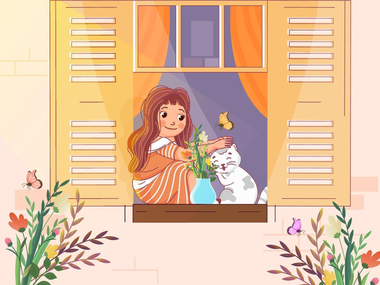 pequeño niña participación gato sentar en abierto ventana con mariposas y planta florero. vector