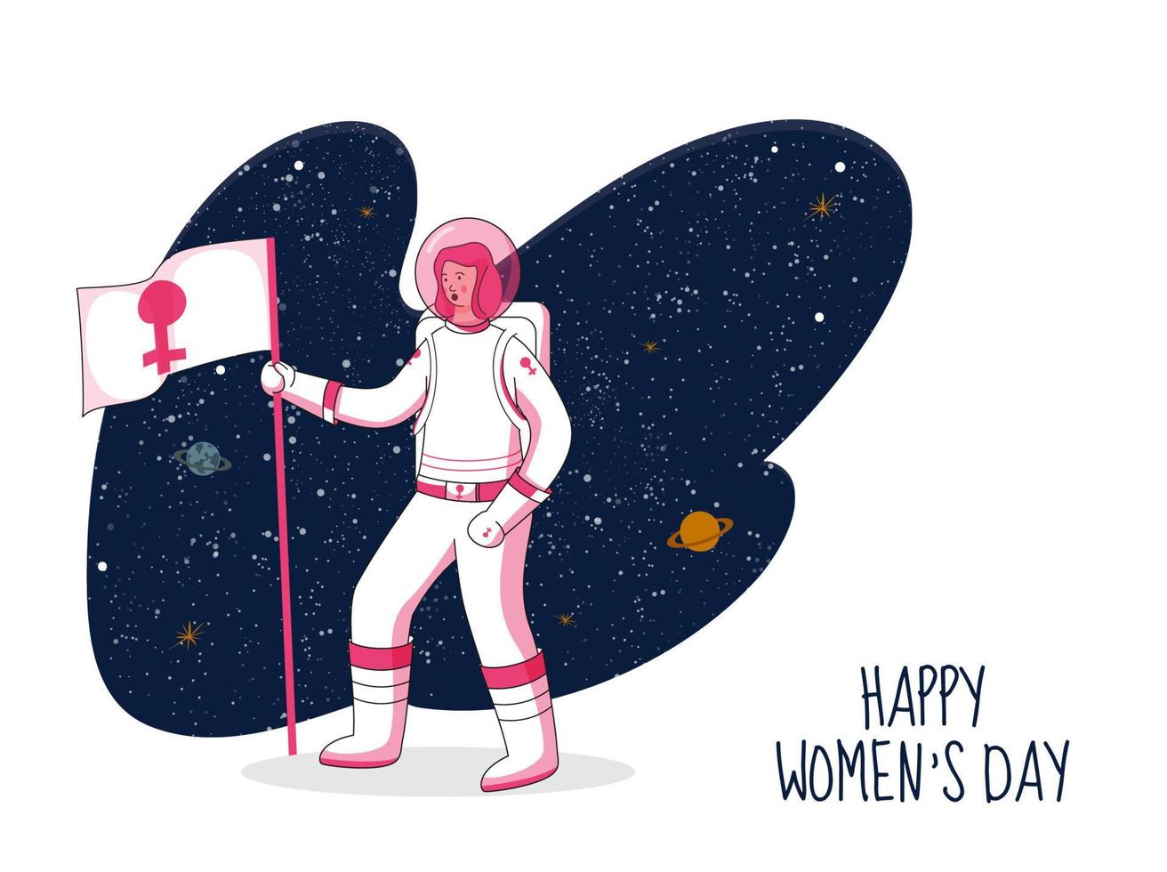 Female Astronaut holding Flag with Venus Sign on Abstract Outer Space Background for Happy Women's Day Concept. vector