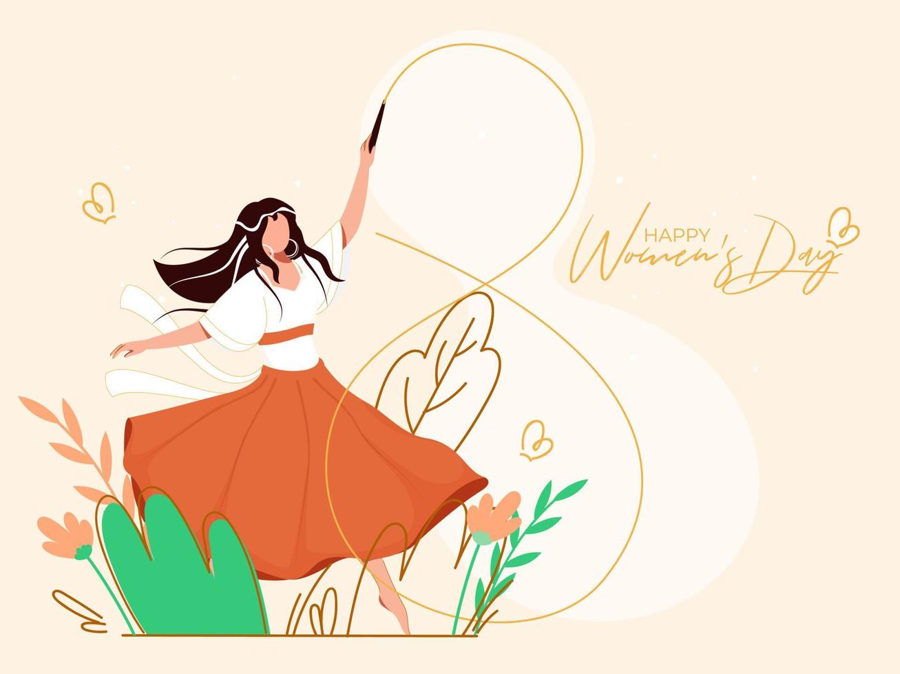 Young Girl forming 8 Number from Gymnastics Ribbon Stick on Nature Background for Happy Women's Day Celebration Concept. vector