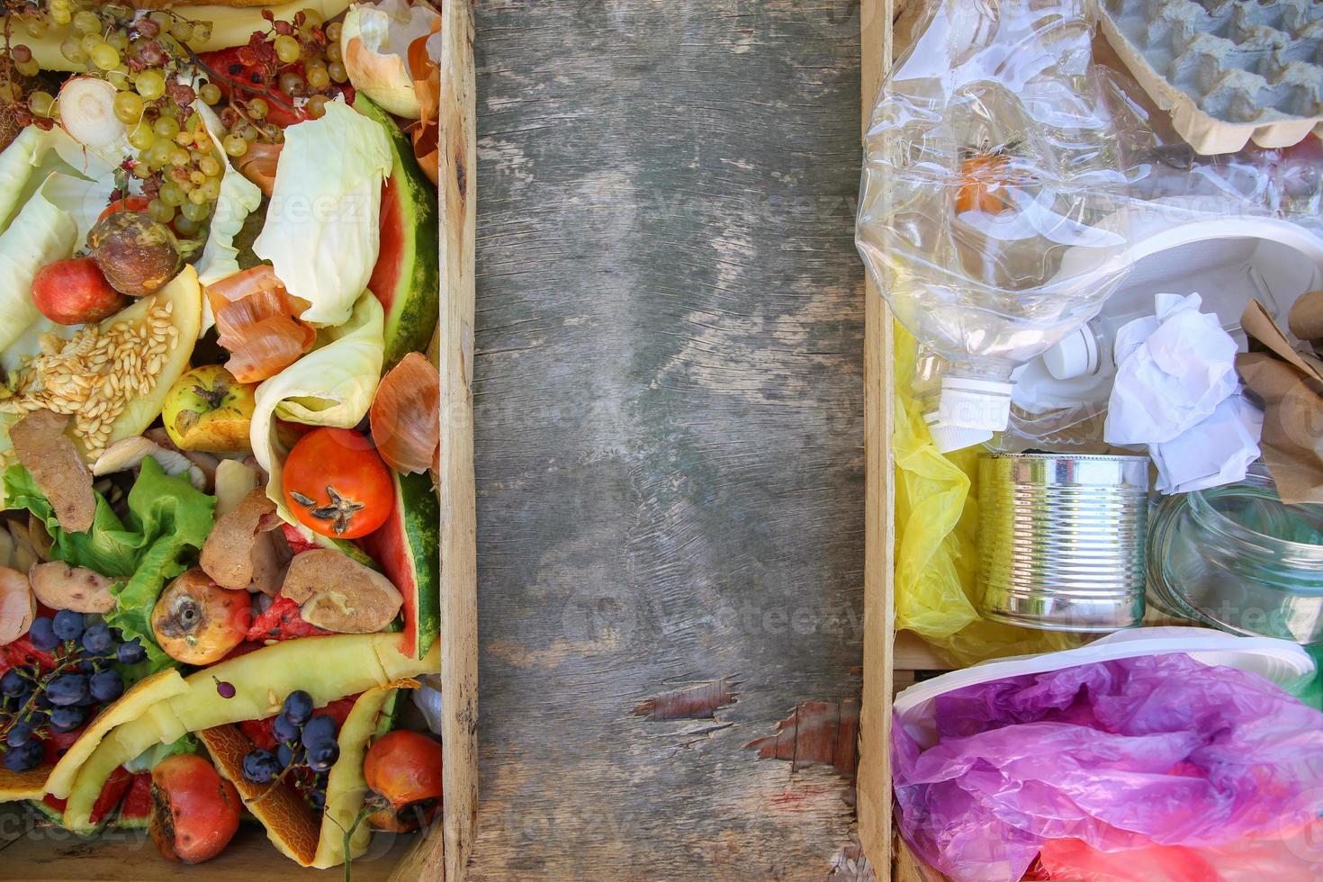 Different trash. Garbage sortingiron, paper, plastic, domestic waste for compost from fruits and vegetables. photo