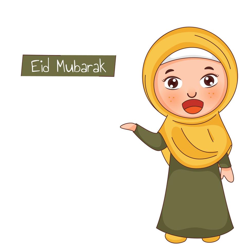 dibujos animados islámico niña diciendo eid Mubarak en blanco antecedentes. vector