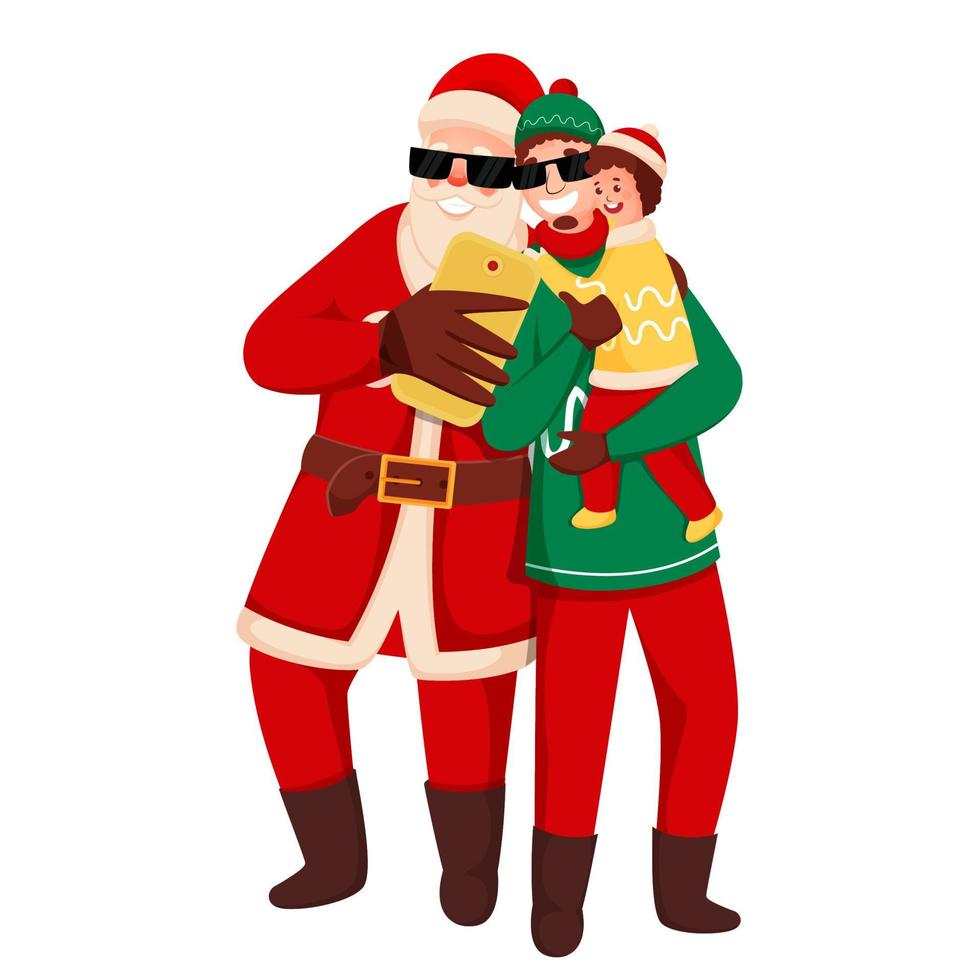 Cheerful Santa Claus Taking Selfie with Cartoon Man Holding His Son on White Background. vector