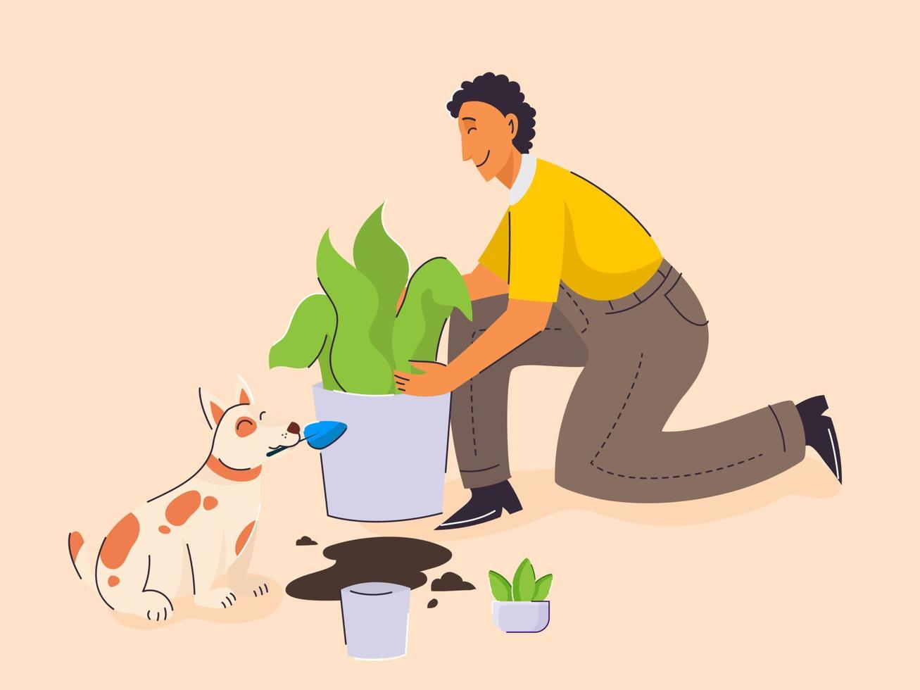 Young man taking care of plants and dog cartoon on peach background. vector