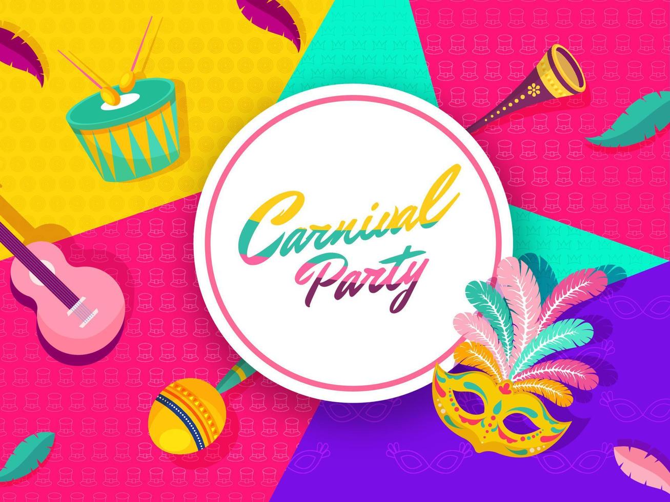 Carnival Party Font in Circular Frame with Party Mask and Music Instruments Decorated on Colorful Abstract Background. vector