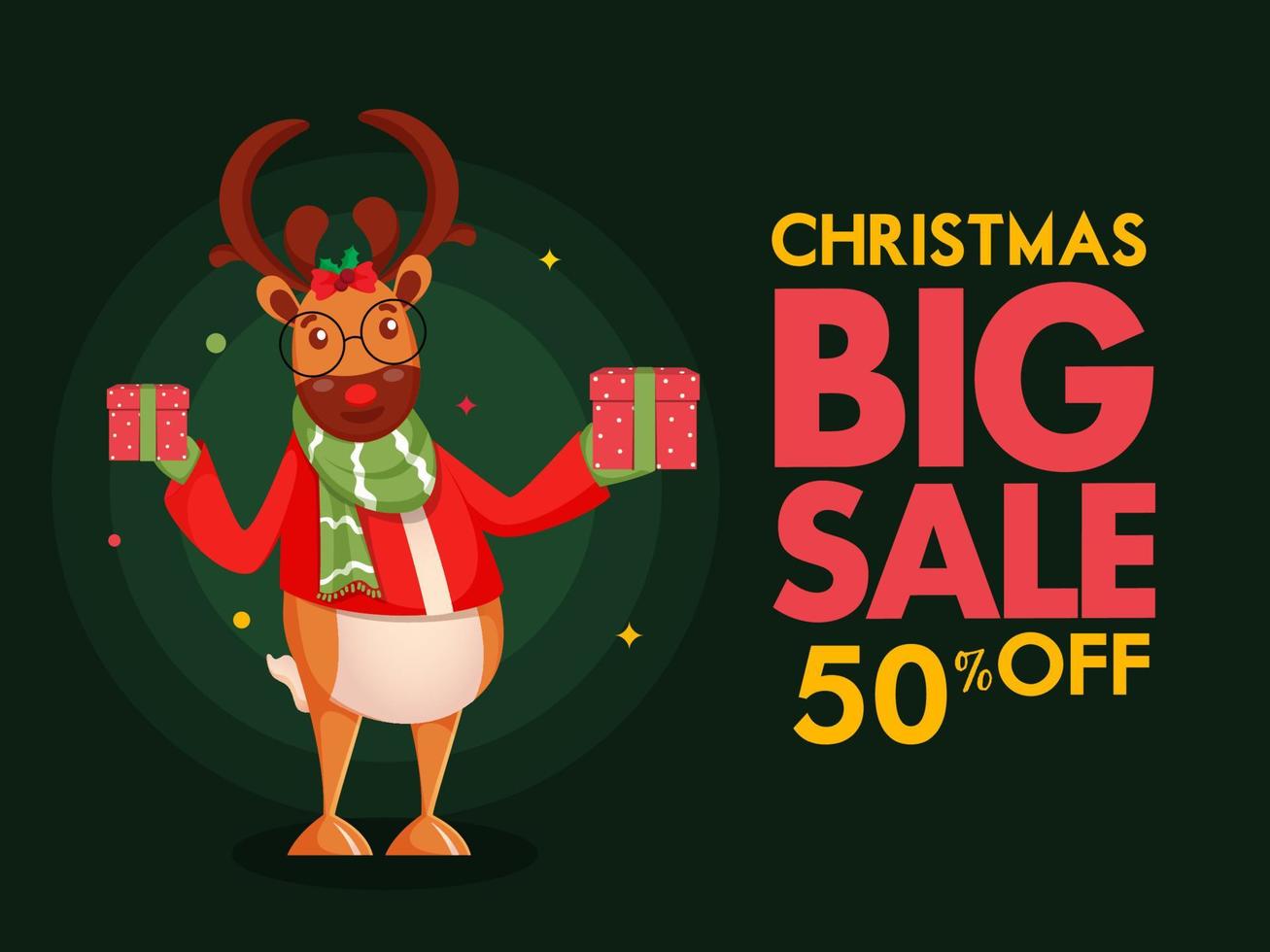 Navidad grande rebaja póster diseño con 50 descuento oferta y dibujos animados reno participación regalo cajas en verde antecedentes. vector