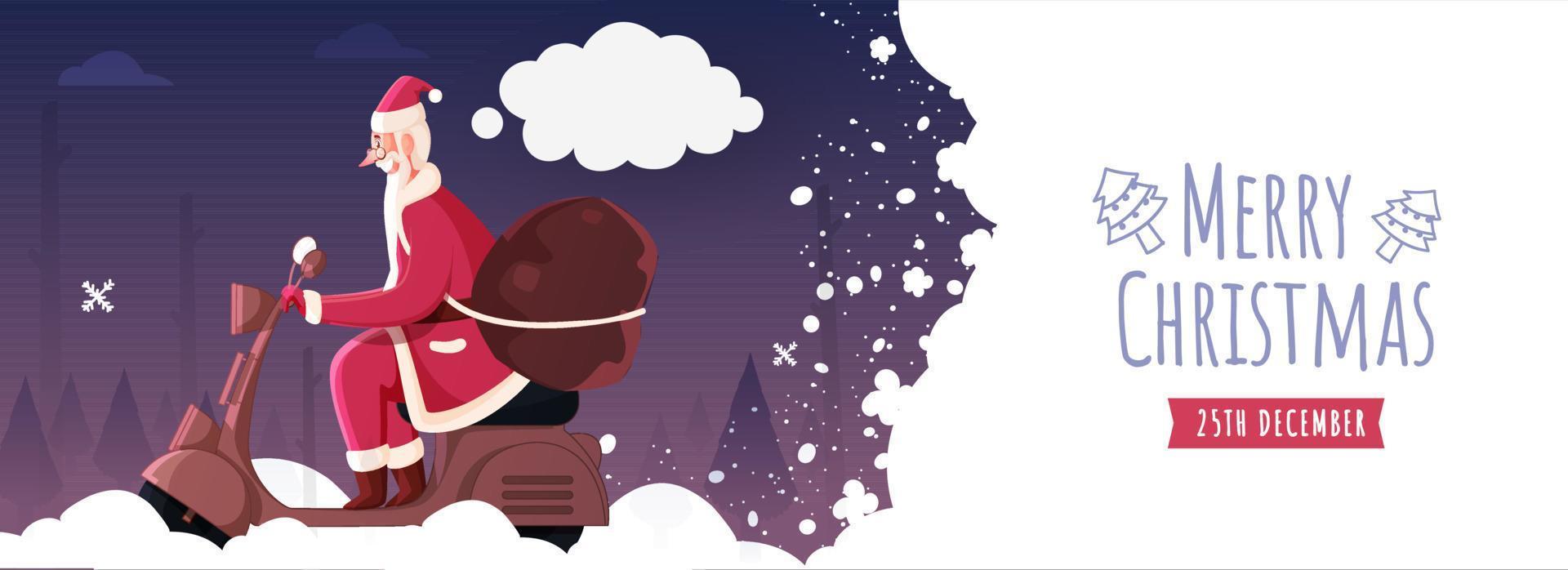 Illustration of Cheerful Santa Claus Riding Scooter with Heavy Bag on Snowy Landscape Background for Merry Christmas Celebration. Header or Banner Design. vector