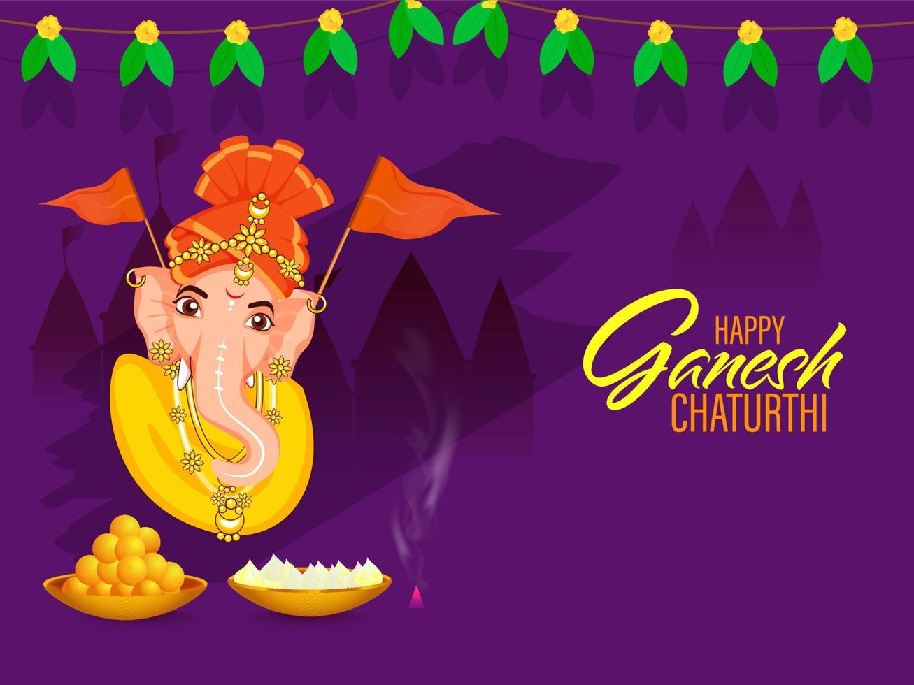 Happy Ganesh Chaturthi Poster Design With Lord Ganesha Face, Flags, Laddu And Modak In Bowls On Purple Silhouette Temple Background. vector