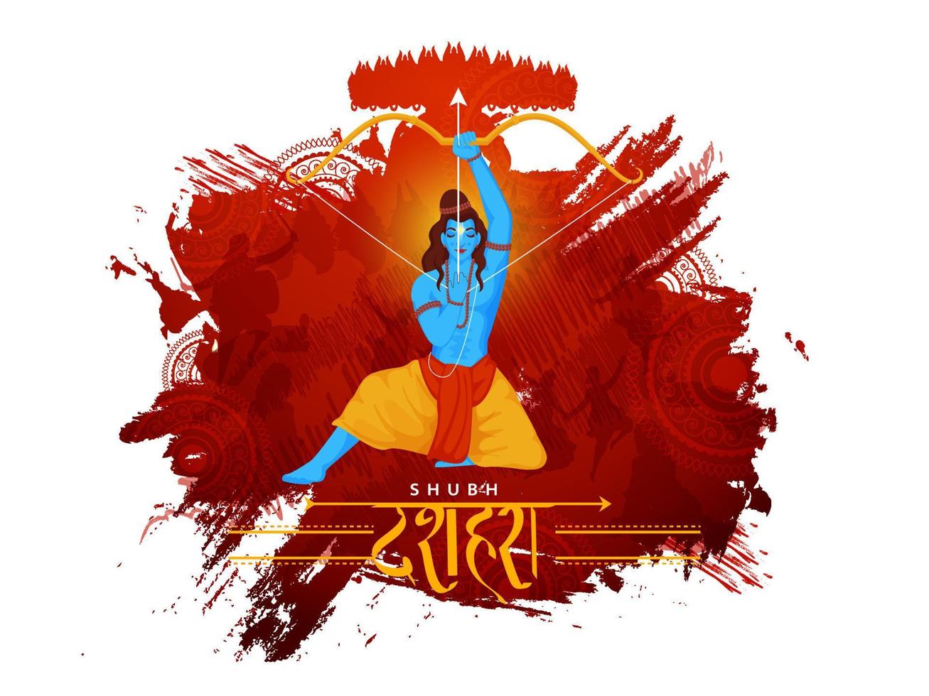 Lord Ram Holding Bow Arrow with Silhouette Ravan Demon and Brush Stroke Effect on White Background for Shubh Dussehra. vector