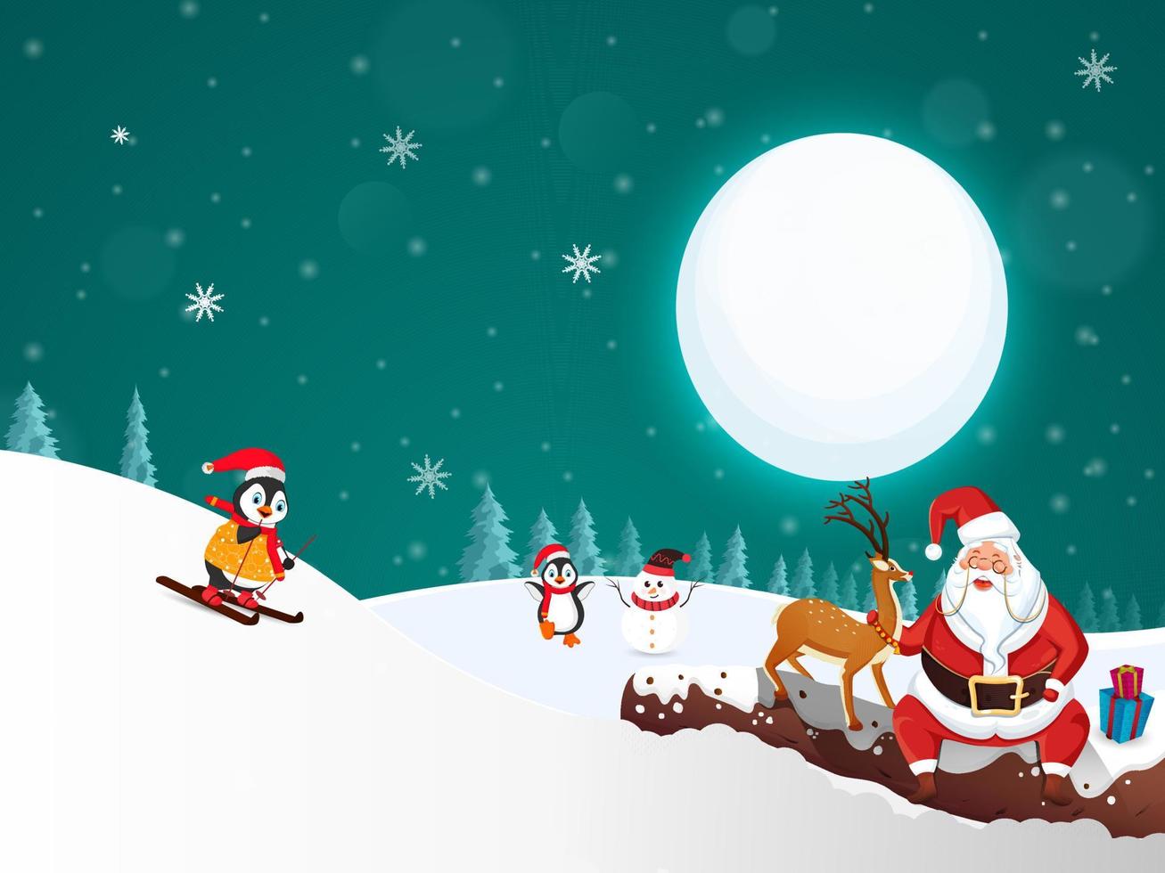 Cartoon Santa Claus With Reindeer, Snowman, Penguins On Full Moon Winter Landscape Background. vector