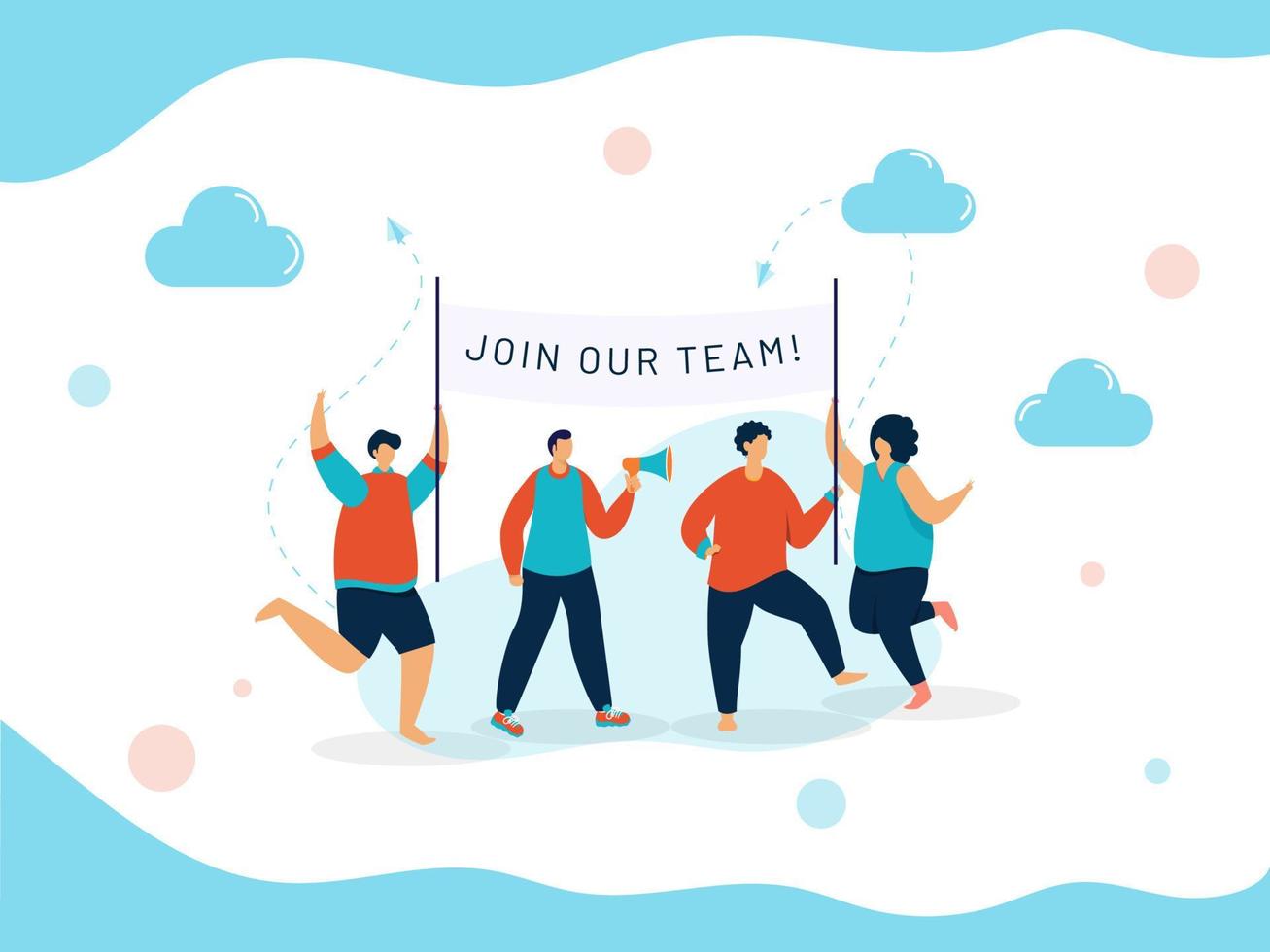 Advertising Male and Female Holding Banner for Join Our Team, We're Hiring Concept. vector
