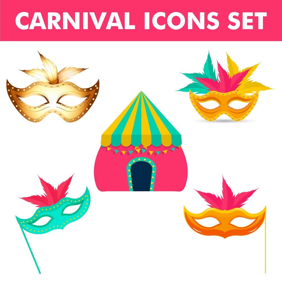 Carnival Icons Set like as Colorful Various Feather Masks and Tent. vector