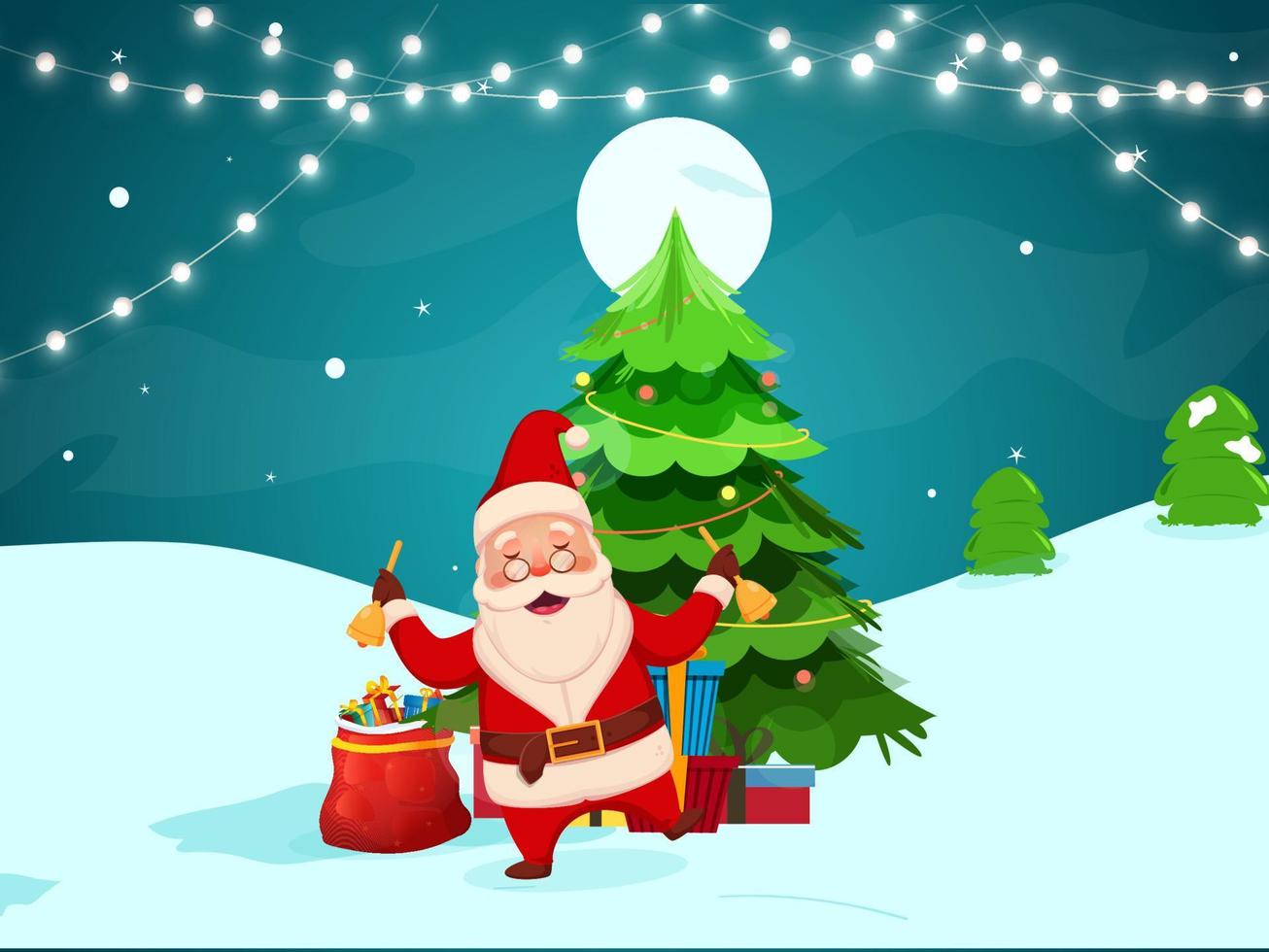 Cheerful Santa Claus Holding Jingle Bells With Xmas Trees, Gift Boxes, Lighting Garland And Full Moon On Teal Snowy Background. vector