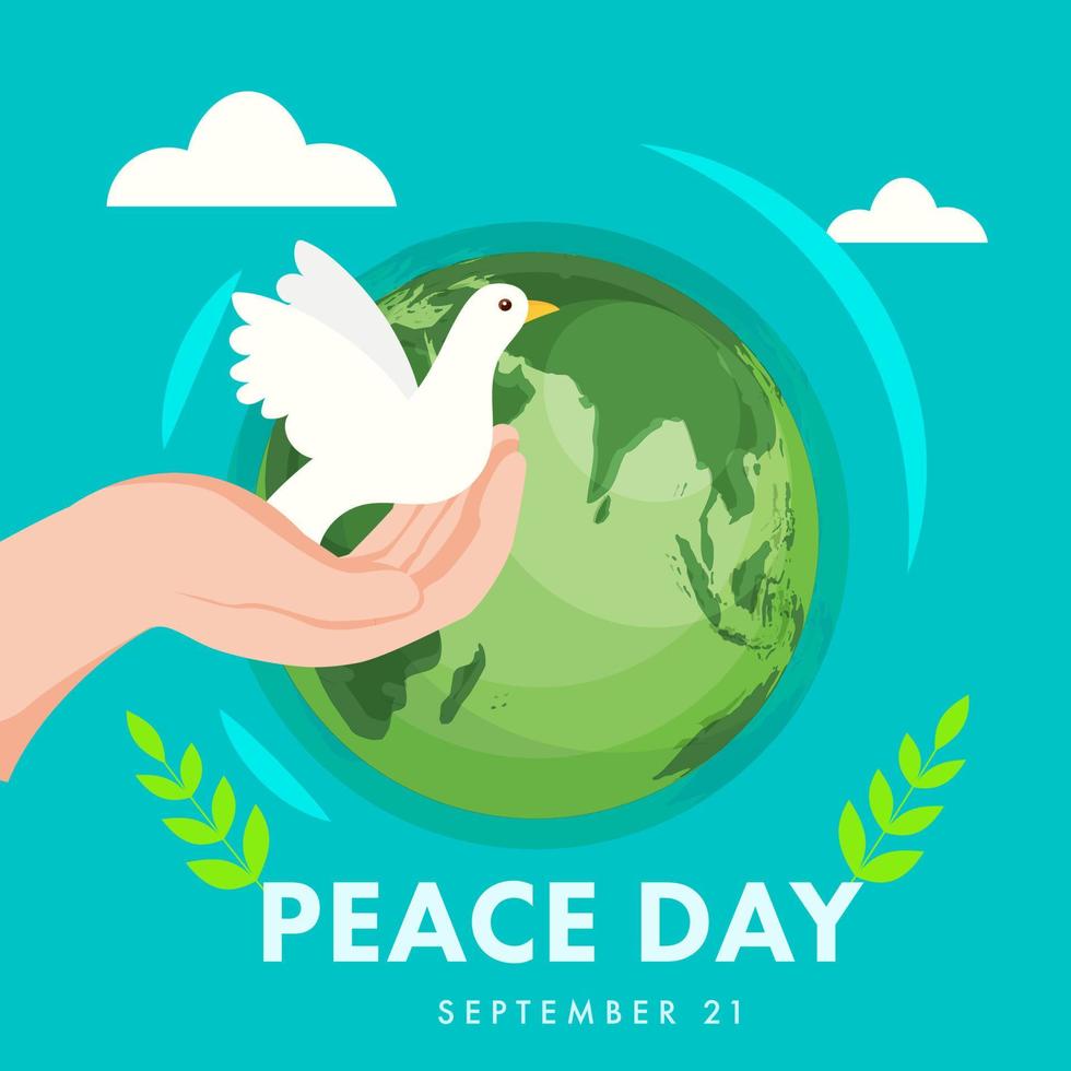 humano mano participación Paloma con aceituna hojas y tierra globo en turquesa antecedentes para paz día, 21 septiembre. vector