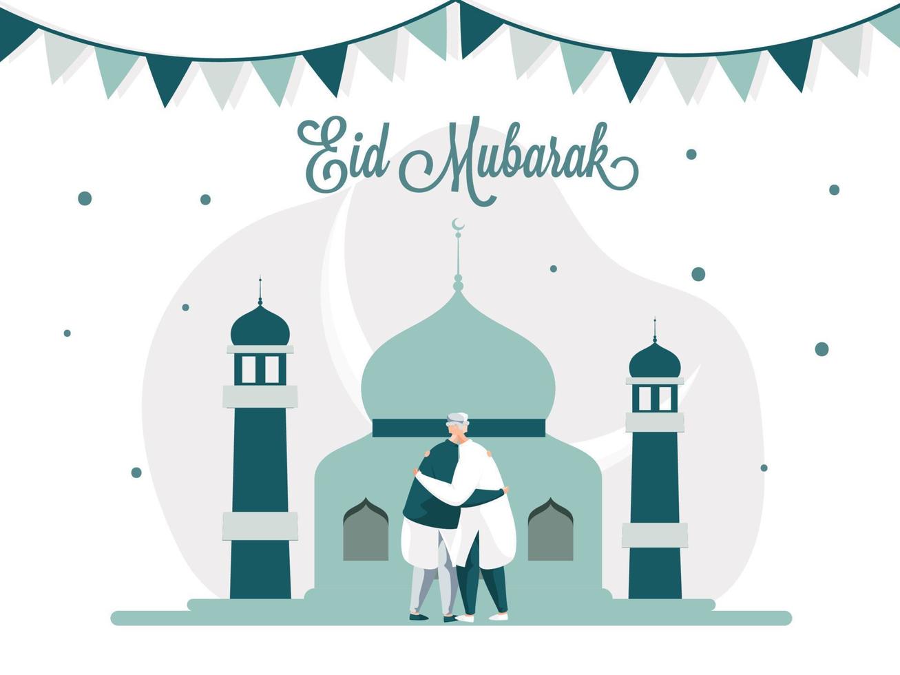 Muslim Men Hugging to Each Other in Front of Mosque with Crescent Moon and Bunting Flag Decorated on White Background for Eid Mubarak. vector