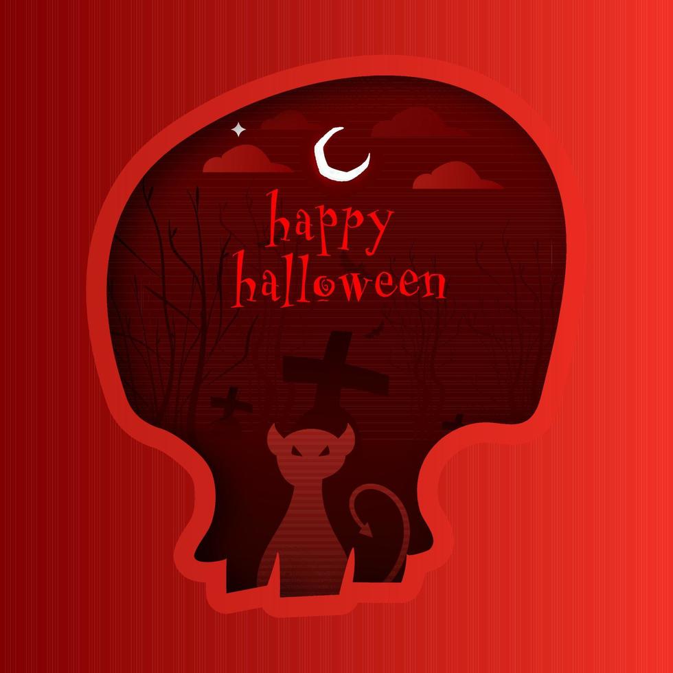 Happy Halloween Text with Silhouette Scary Cat and Nightime Graveyard View on Red Paper Cut Skull Shape Background. vector