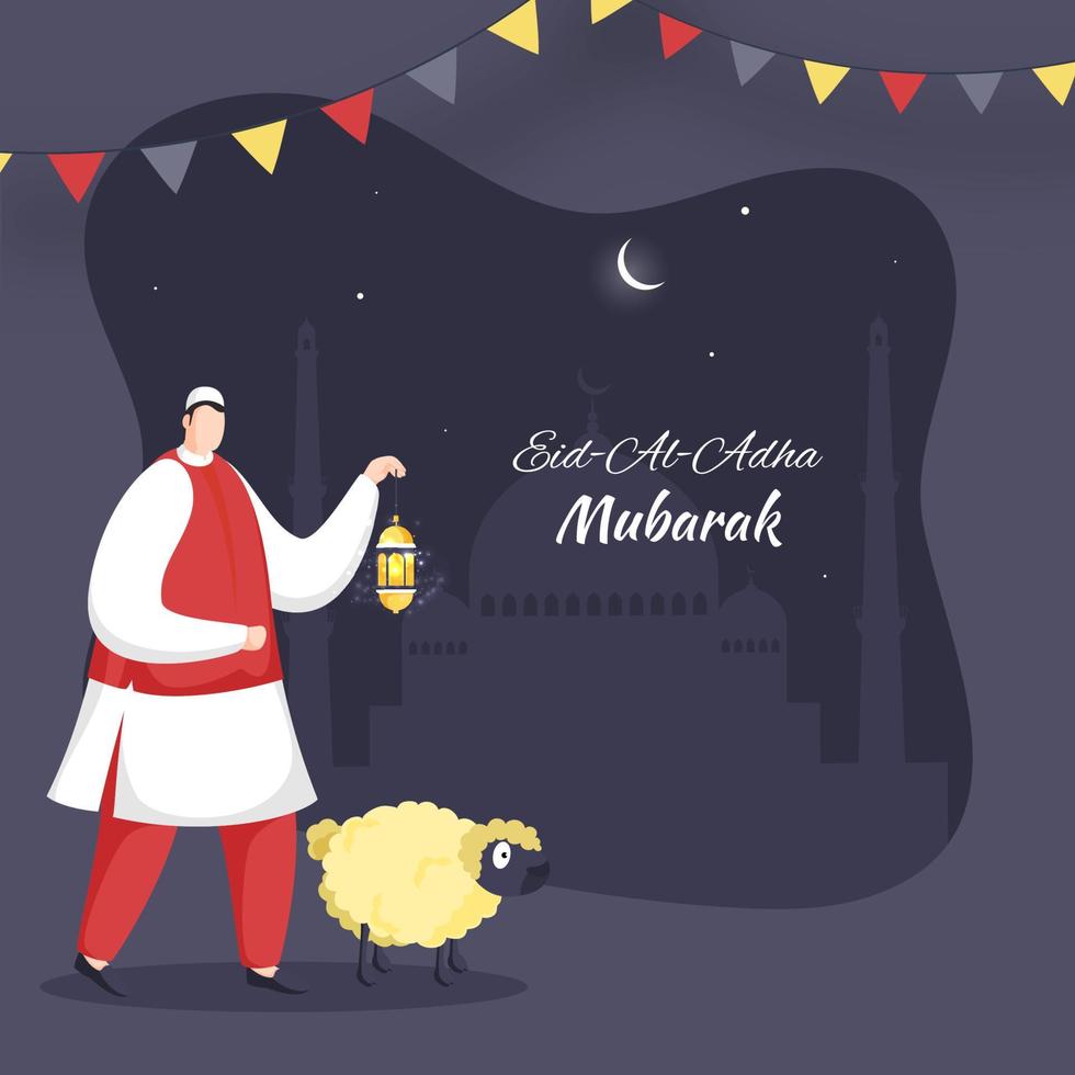 Illustration of Muslim Man holding a Illuminated Lantern with Cartoon Sheep in Walking Pose on Grey Silhouette Mosque Night Scene Background for Eid-Al-Adha Mubarak Concept. vector