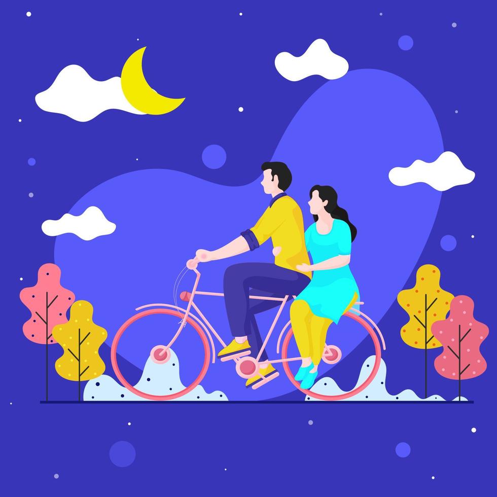 sin rostro Pareja montando bicicleta en púrpura resumen creciente Luna antecedentes. vector