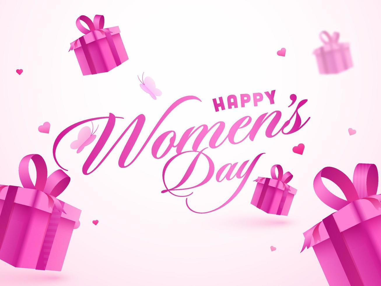 Pink Happy Women's Day Font with 3D Gift Boxes, Hearts and Paper Butterflies Decorated on White Background. vector