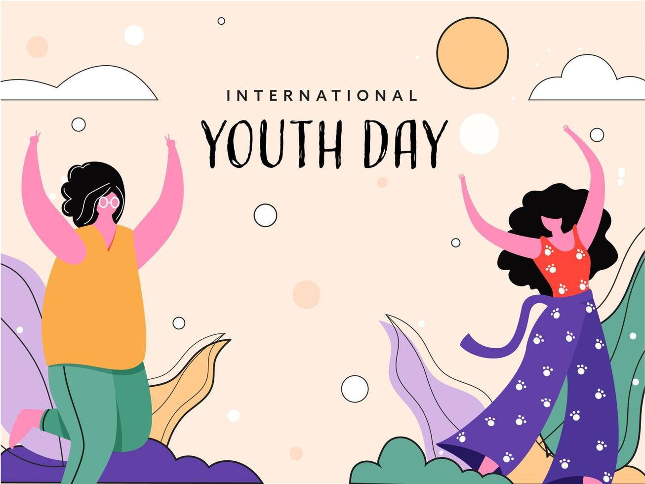 Cartoon Young Girls in Dancing Poses with Leaves on Sun Pastel Peach Background for International Youth Day. vector