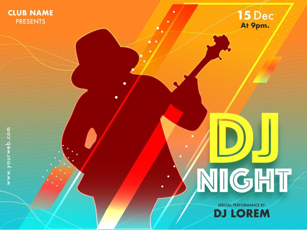 DJ Night Invitation, Poster or Flyer Design with Silhouette Guy Playing Guitar on Abstract Background for Advertising Concept. vector