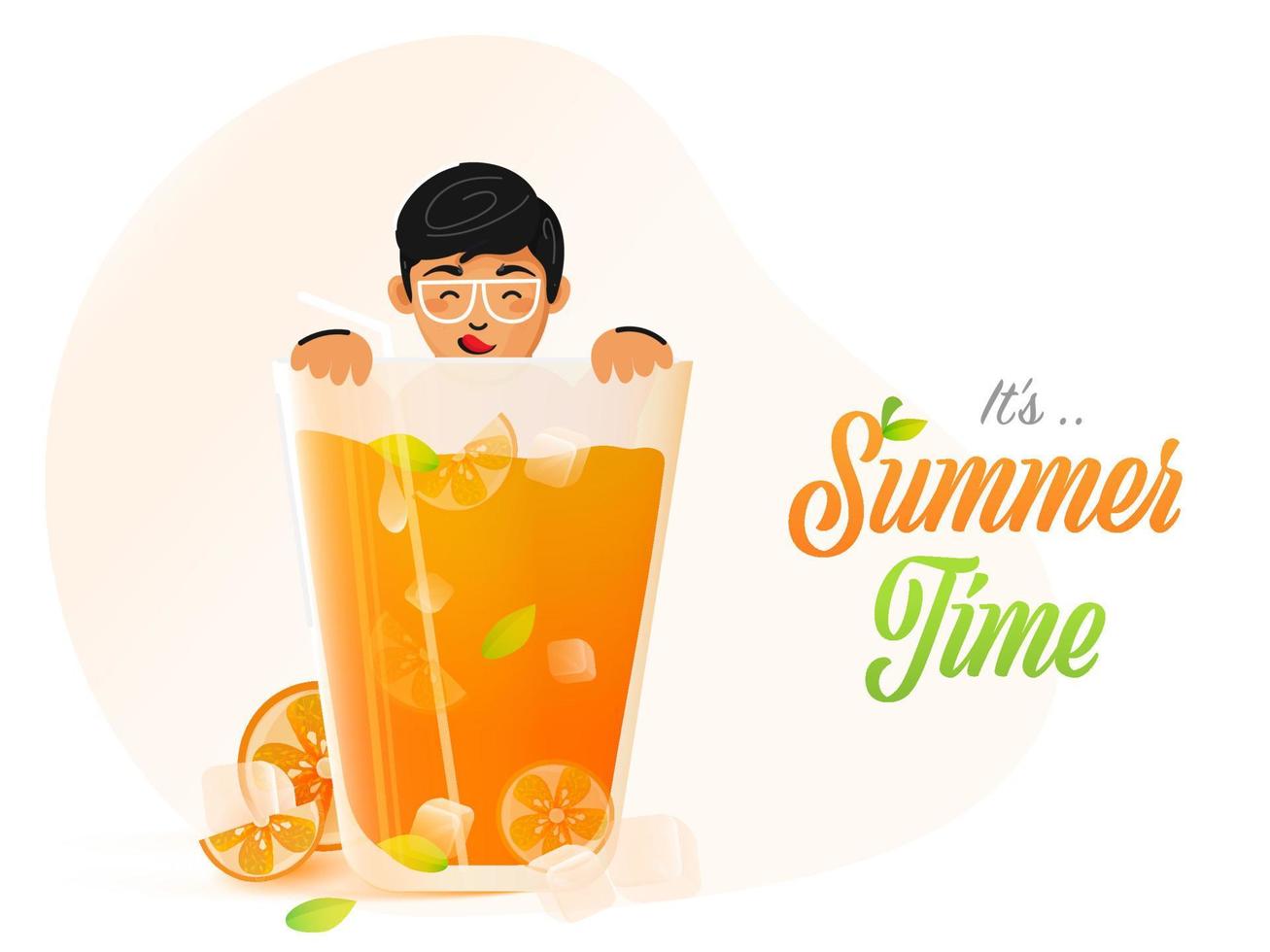 Vector illustration of Young Kid Slurrping Cold Drink, Summer Time Concept.