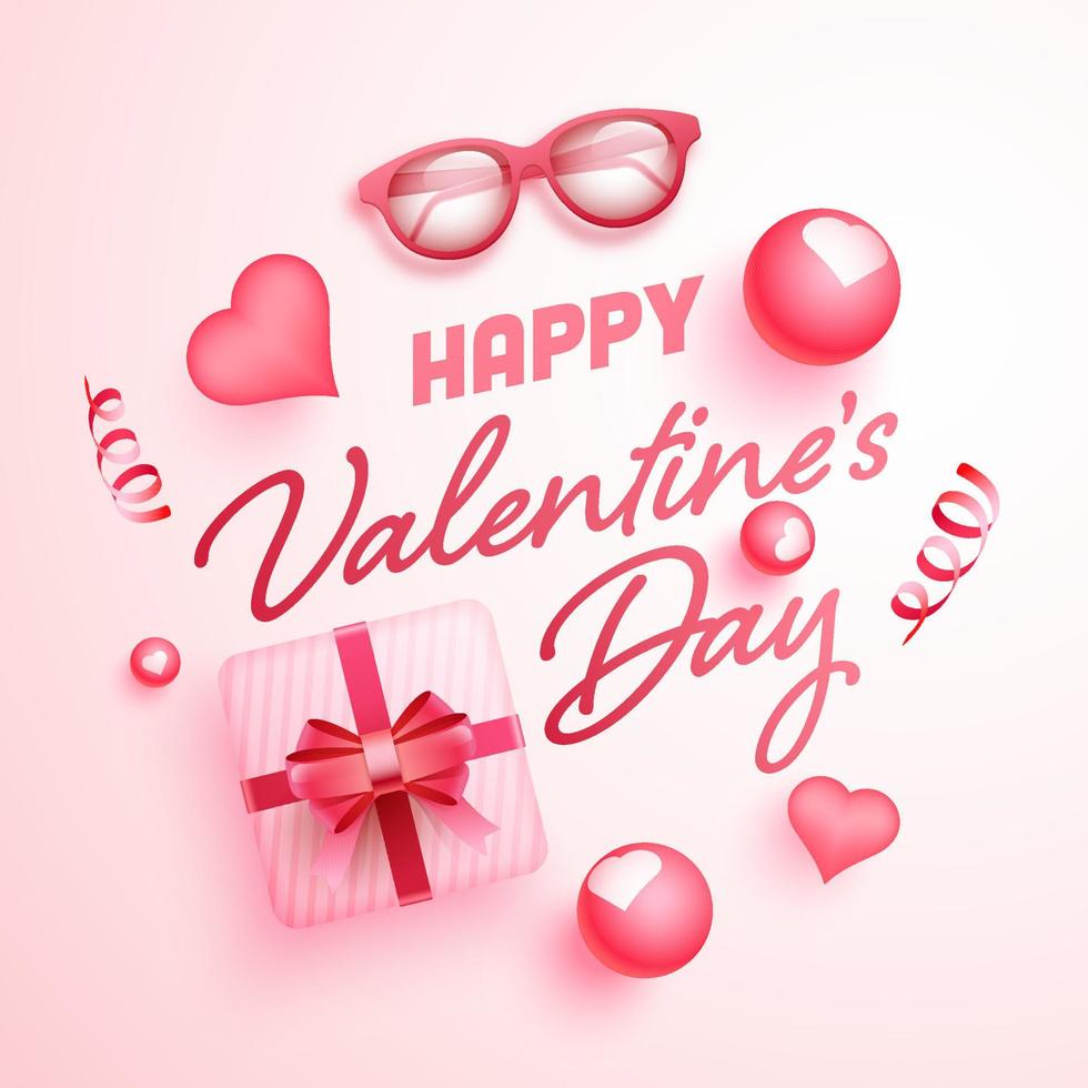 Top View of Happy Valentine's Day Font Decorated with 3D Gift Box, Hearts, Goggles and Sphere on Pink and White Background. vector