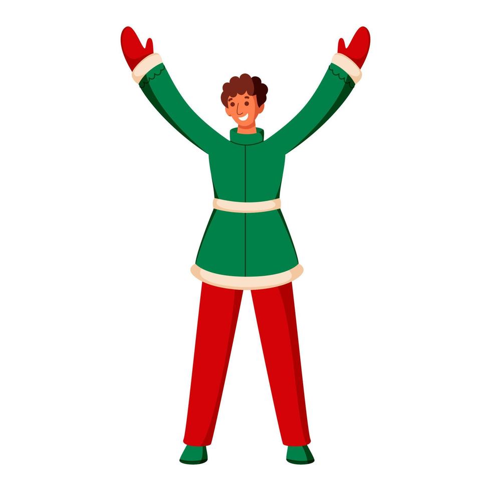 Illustration Of Young Boy Wear Green and Red Woolen Clothes with Hands Up in Standing Pose. vector