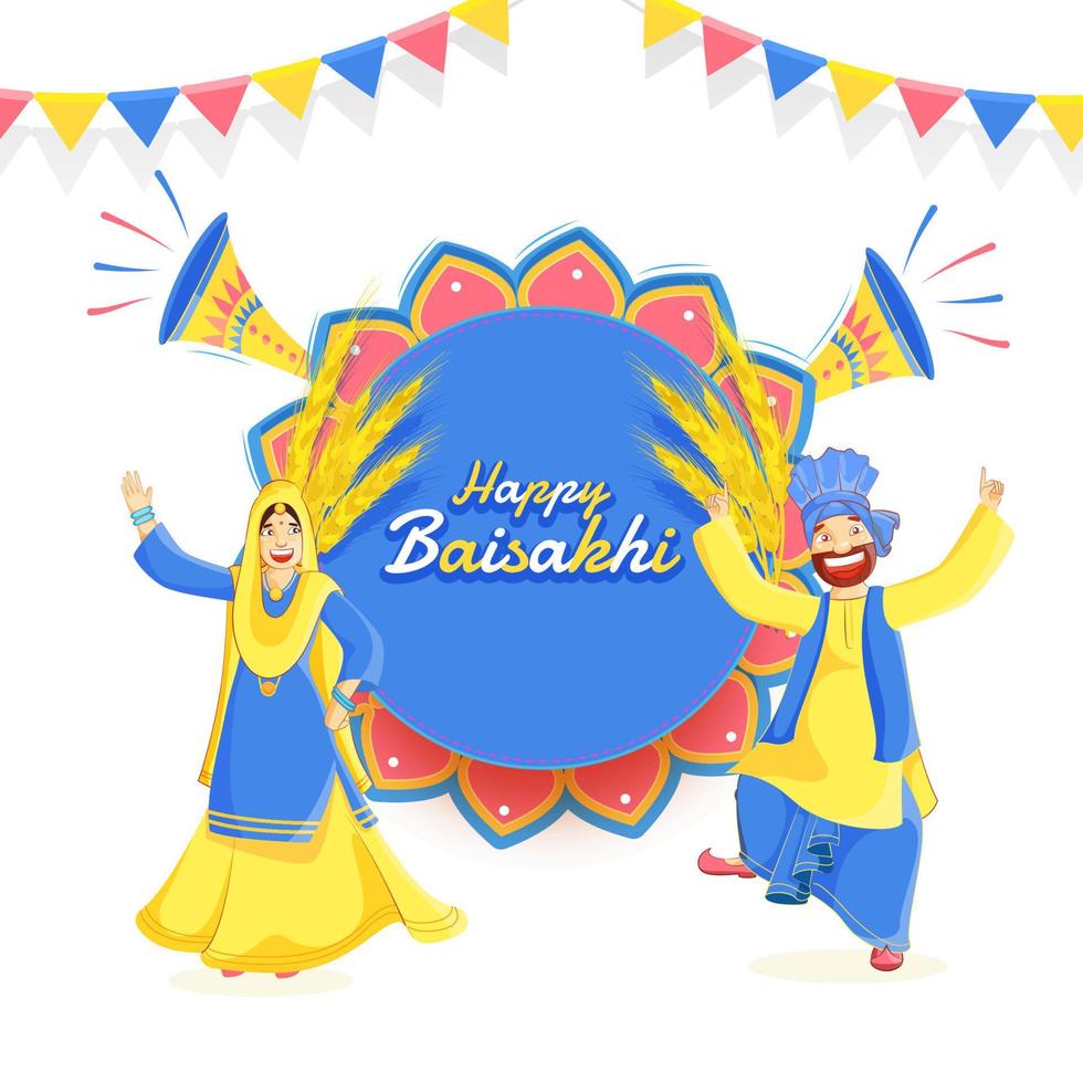 Punjabi Couple doing Bhangra Dance with Wheat Ear and Loudspeakers and Bunting Flag Decorated on White Background for Happy Baisakhi Celebration. vector