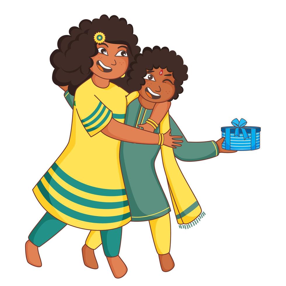 Cartoon Girl Trying To Snatch Gift Box From Boy On White Background. vector