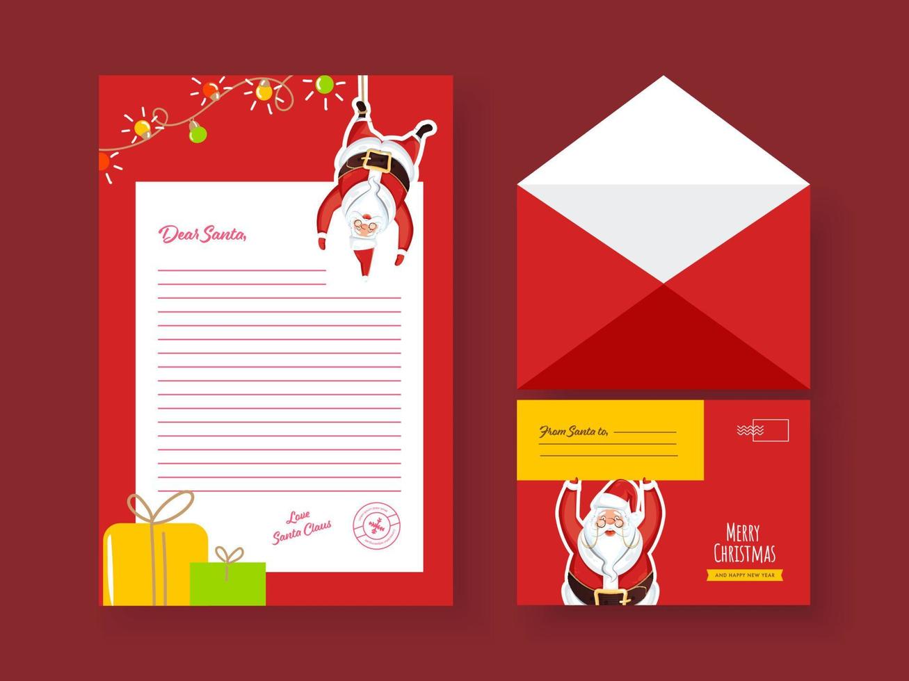 Merry Christmas Happy New Year Greeting Card Or Letter With Double-Sides Envelope In Red Color. vector