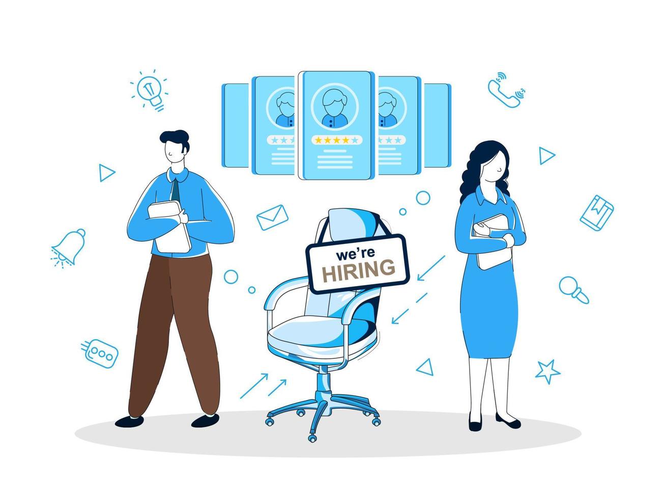 Cartoon Young Girl and Boy holding File Folder with Vacant Office Chair and Business Elements on White Background. vector