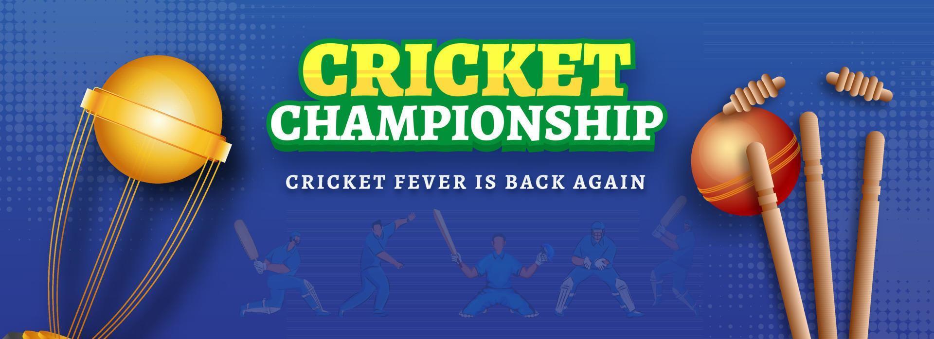 Cricket Championship Text in Sticker Style with Golden Trophy Cup, Ball Hitting Wicket Stumps and Cricketers on Blue Halftone Effect Background. Header or Banner Design. vector