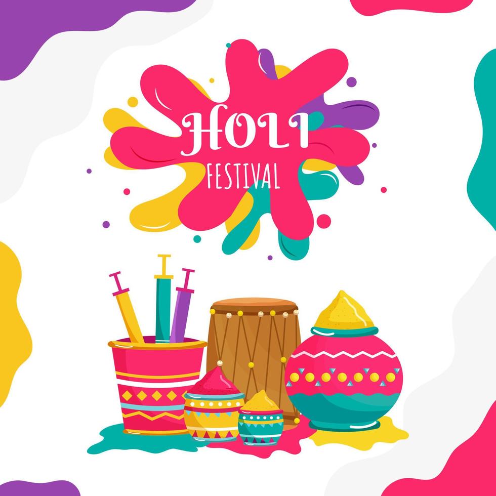 Holi Festival Celebration Poster Design With Color Powder In Mud Pot, Bowls, Bucket, Water Guns And Dhol On Abstract Splash Background. vector