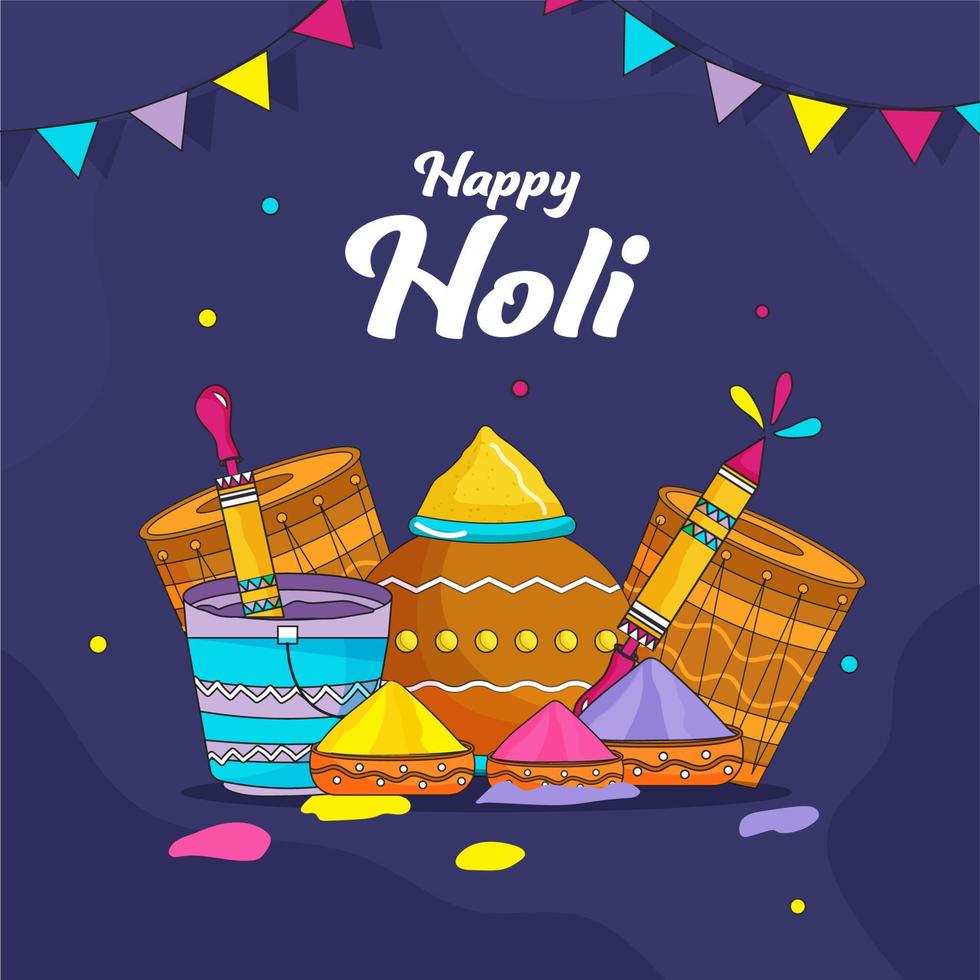 Vector Illustration Of Color Powder In Mud Pot With Bowls, Water Gun, Bucket And Dhol Instrument For Happy Holi Celebration.