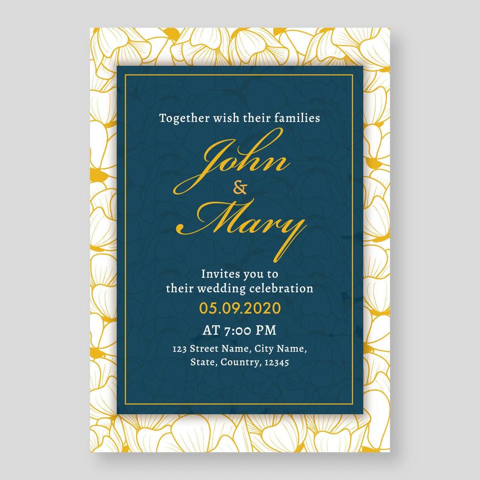 Floral Wedding Invitation Card Template Layout in White and Blue Color. vector