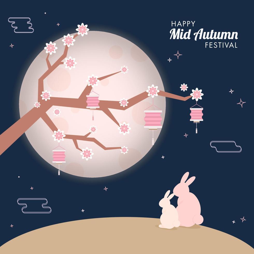 Glossy Full Moon Blue Background with Silhouette Bunnies, Hanging Chinese Lanterns and Sakura Flower Branch for Happy Mid-Autumn Festival. vector