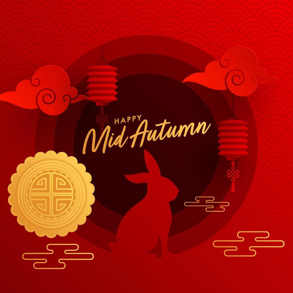 Happy Mid Autumn Poster Design with Silhouette Bunny, Clouds, Moon Cake and Chinese Lanterns on Red Paper Layer Cut Overlap Semi Circle Background. vector